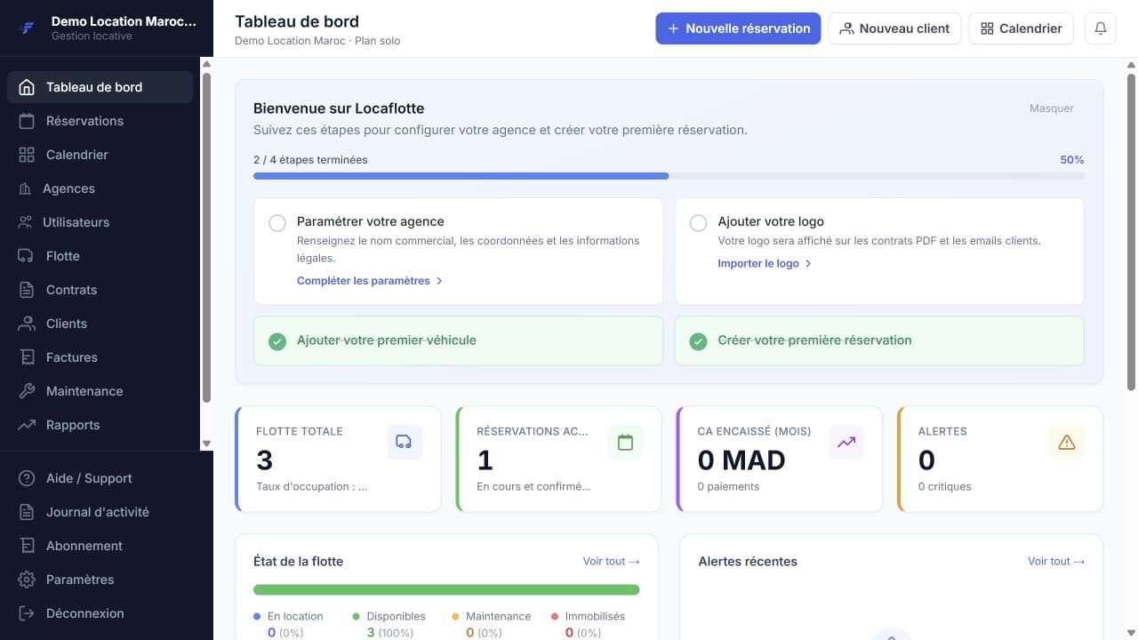 Capture d'écran du tableau de bord LocaFlotte avec la flotte, les réservations et les alertes