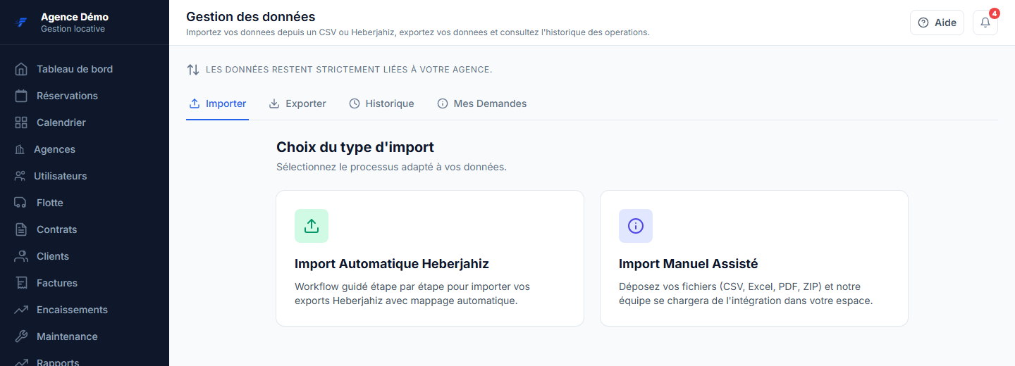 L’onglet Importer de la page Gestion des données : les deux cartes « Import automatique Heberjahiz » et « Import manuel assisté ».