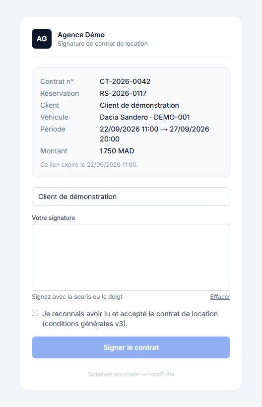 La page de signature vue par le client : le contrat, la période, le montant, la date d’expiration du lien et la zone de signature.